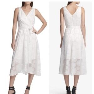 NWD DKNY White Polka Dot Sleeveless Midi Faux Pearl Tie Wrap Dress Size 10